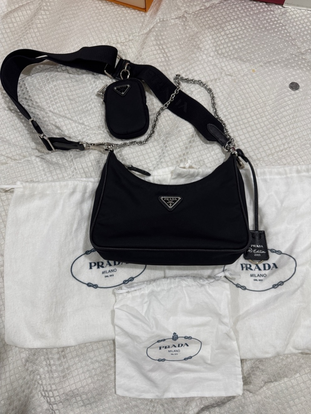 Prada Black Nylon Shoulder Bag with Chain and Wide Strap